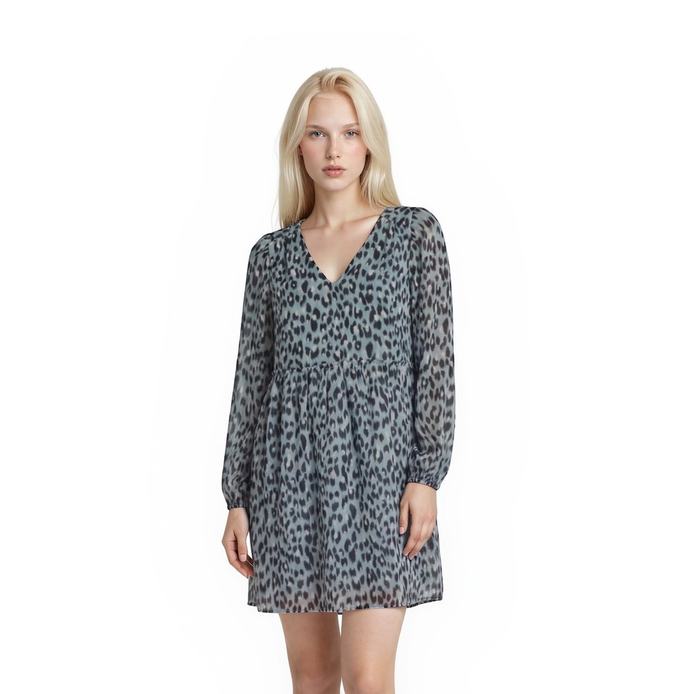 NEW LOFT Dress Womens Size Small Blue Leopard Print V Neck Long Sleeve Mini